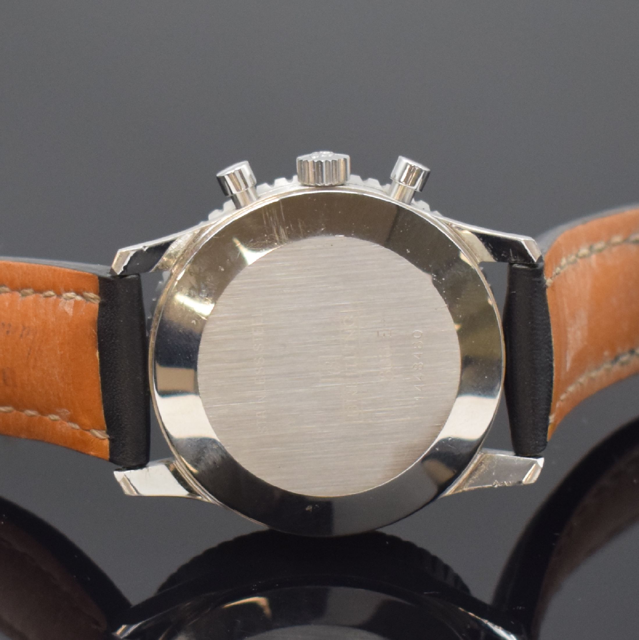 Detail d: BREITLING NAVITIMER Referenz 806E Fliegerchronograph in Stahl, Schweiz um 1970, Handaufzug, unpoliertes gedr. Geh., beids. drehb. ...