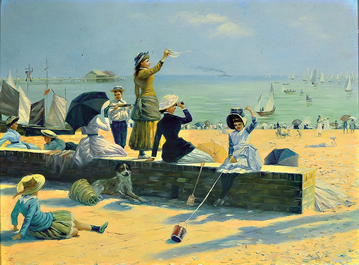 Traditionalist, wohl 70/80er Jahre,, Strandvergnügen, Öl/Holz, unsigniert, ca. 30 x 40 cm, Prunkrahmen