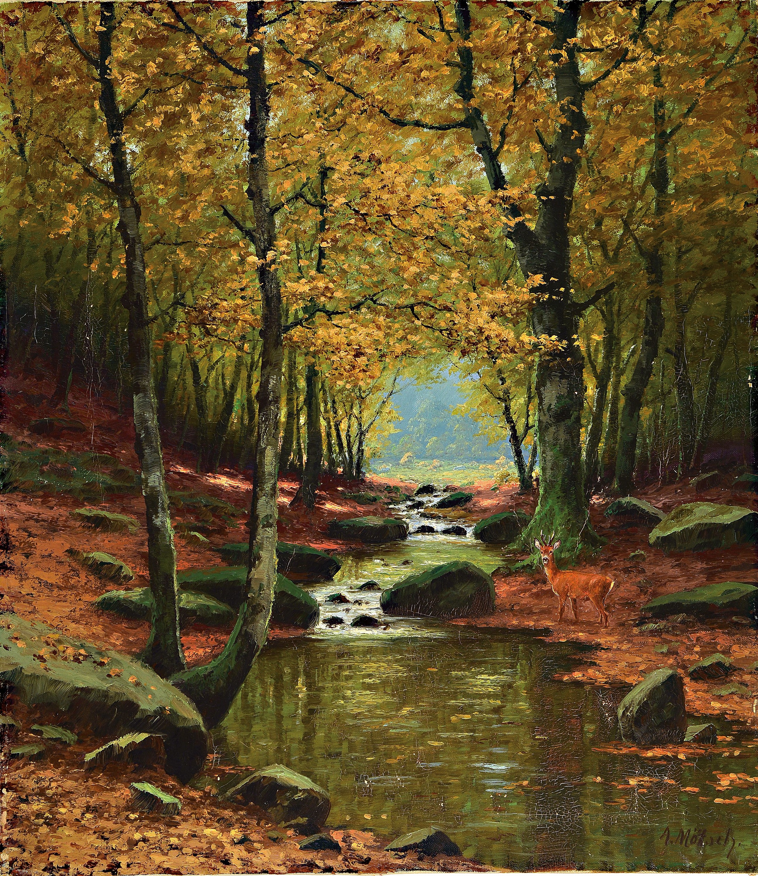 August Mötsch, 1869-1952 Düsseldorfer Schule , Waldinterieur, Flusslauf mit Reh, rechts unten signiert, Öl/Lwd, 80x70, l. Farbschäden im unteren ...