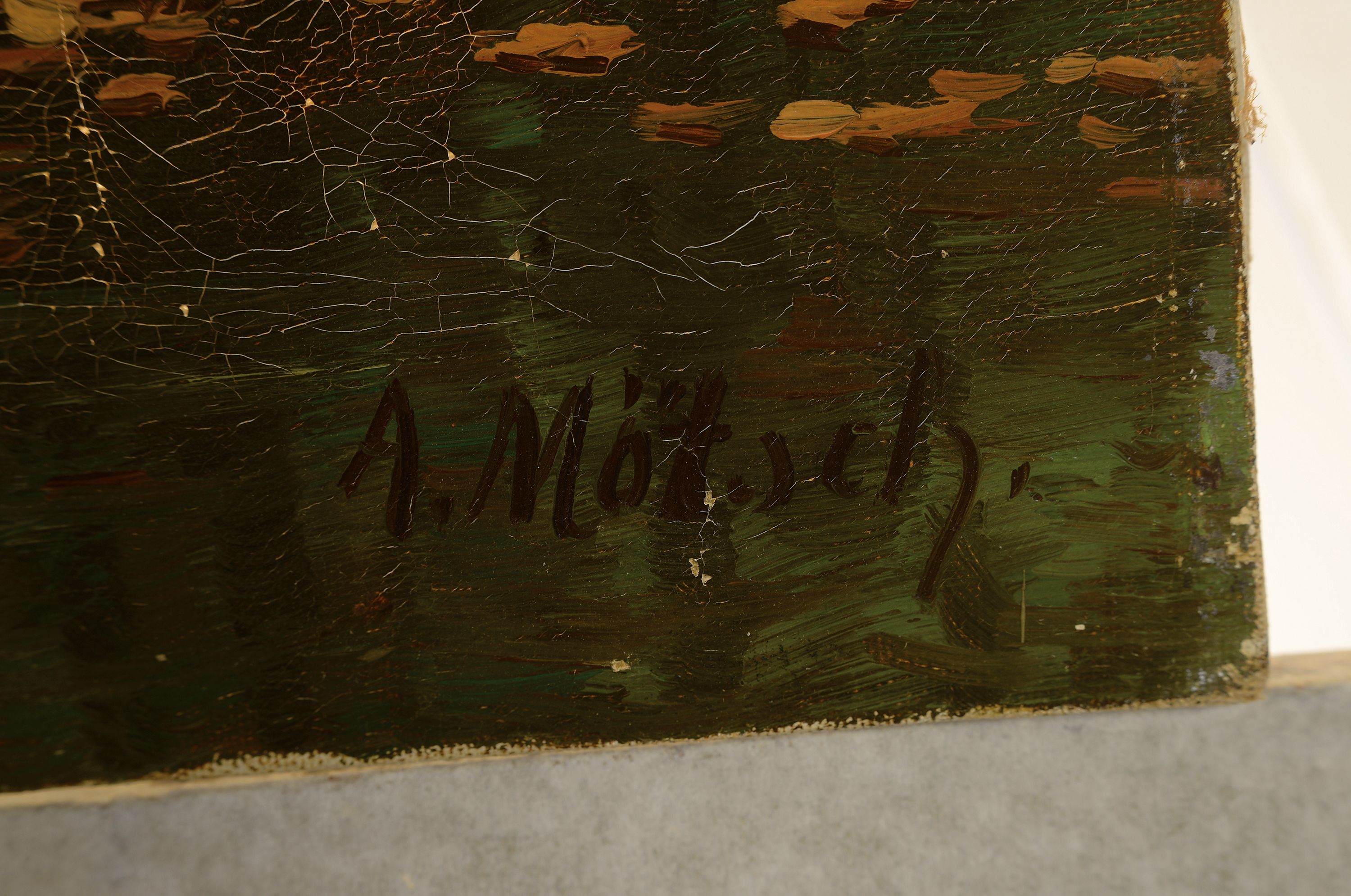 Detail a: August Mötsch, 1869-1952 Düsseldorfer Schule , Waldinterieur, Flusslauf mit Reh, rechts unten signiert, Öl/Lwd, 80x70, l. Farbschäden im unteren ...