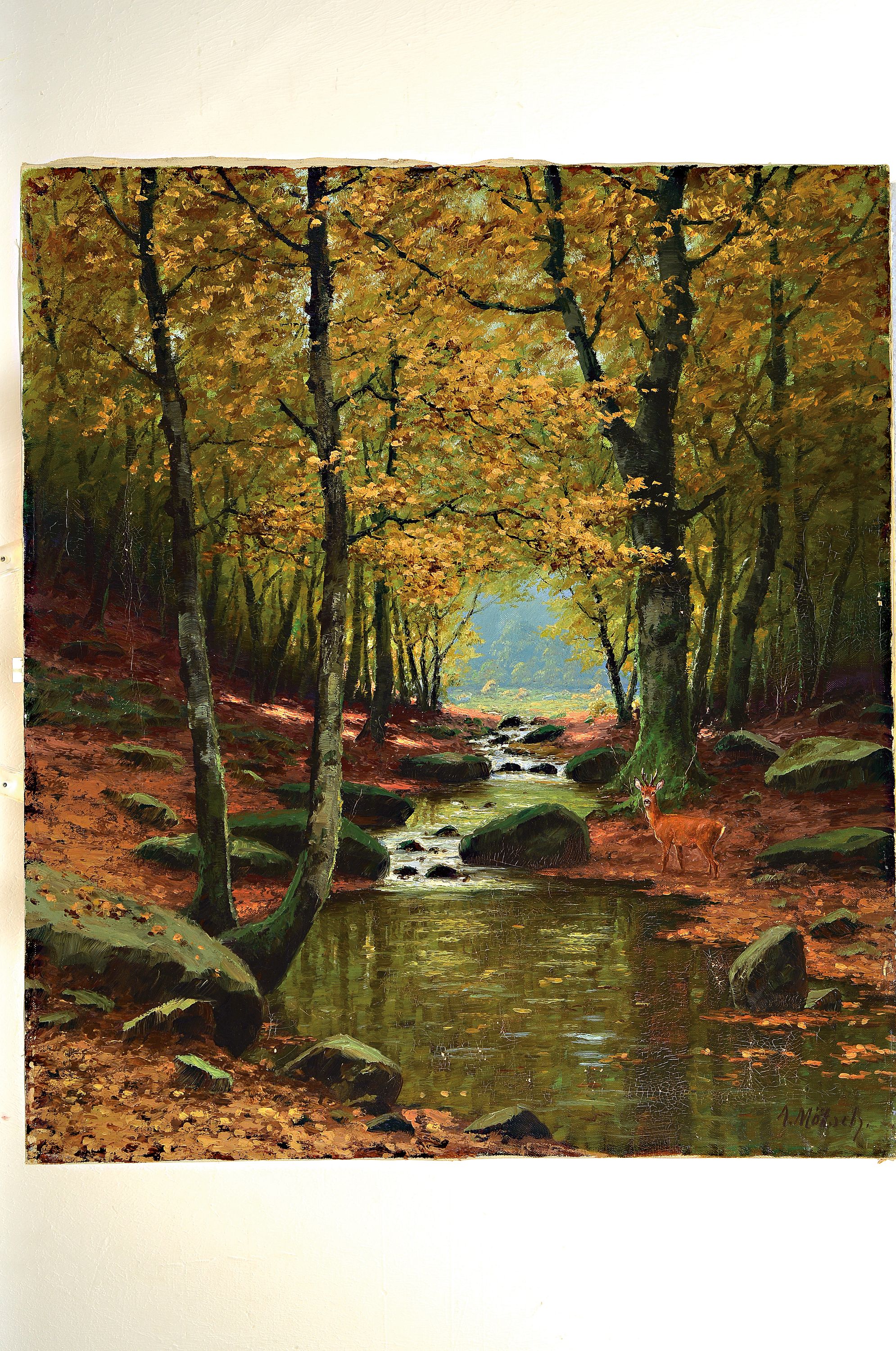 Detail l: August Mötsch, 1869-1952 Düsseldorfer Schule , Waldinterieur, Flusslauf mit Reh, rechts unten signiert, Öl/Lwd, 80x70, l. Farbschäden im unteren ...