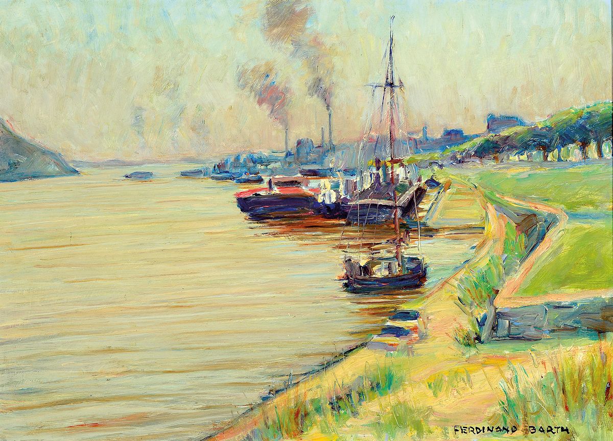 Ferdinand Barth, 1902 Darmstadt-1979 Lautertal, Gernsheimer Hafen "Schwarzer Ort", 1960, recht unten signiert, Öl/Masonit, 47x66 cm, ...