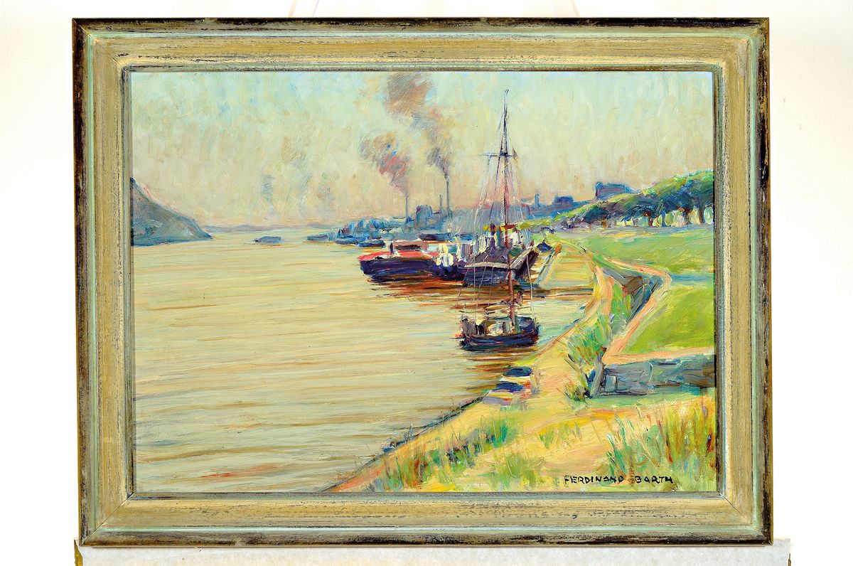 Detail k: Ferdinand Barth, 1902 Darmstadt-1979 Lautertal, Gernsheimer Hafen "Schwarzer Ort", 1960, recht unten signiert, Öl/Masonit, 47x66 cm, ...