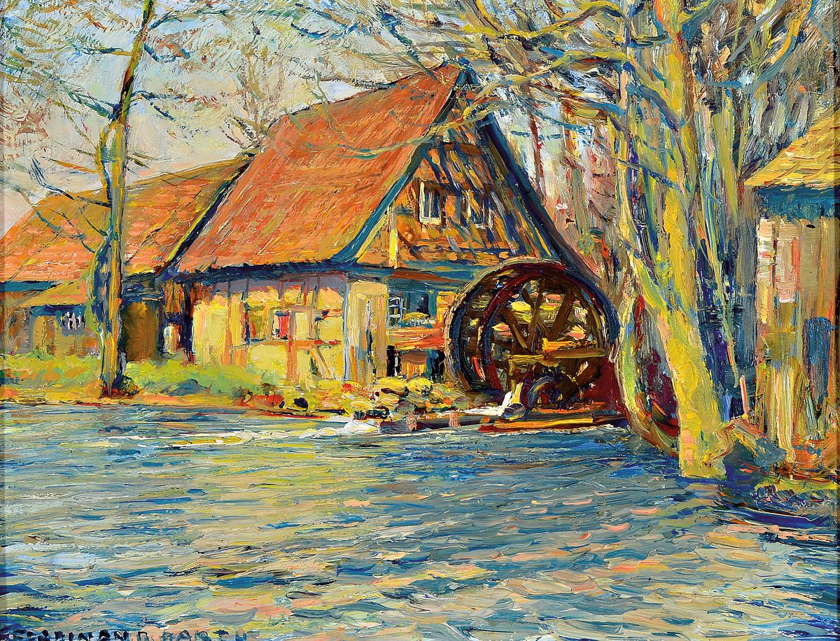 Ferdinand Barth, 1902 Darmstadt-1979 Lautertal Wassermühle im Mühltal, 1970, links unten signiert, Öl/Masonit, 25x32 cm, Rahmen, 31x38 cm