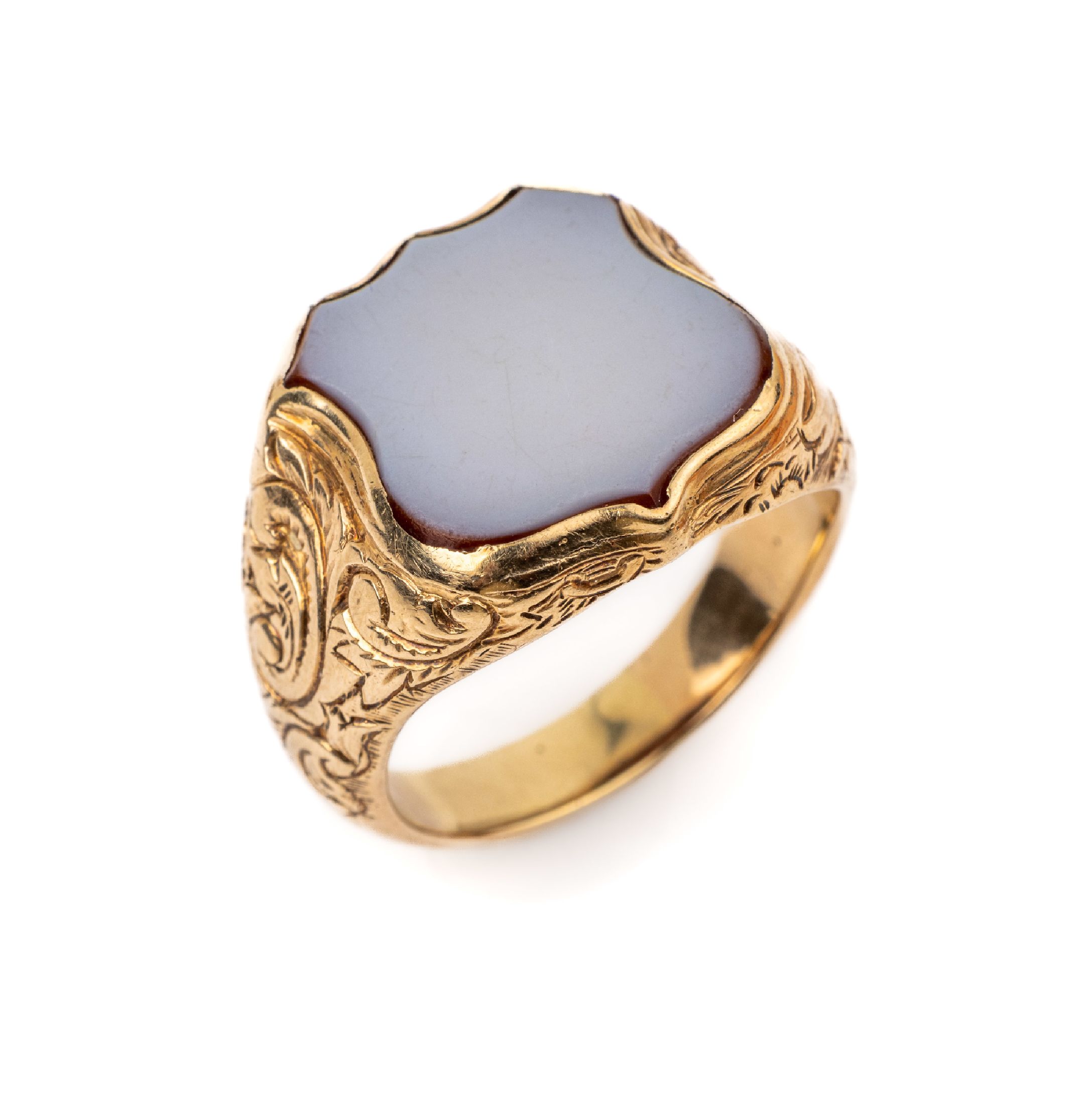 14 kt Gold Siegelring, GG 585/000, wappenförmiger Ringkopf mit ungeschnittenem Lagenstein, Ringschultern mit Rocaillen und Blüten, RW 62, ca. 14.6 ...