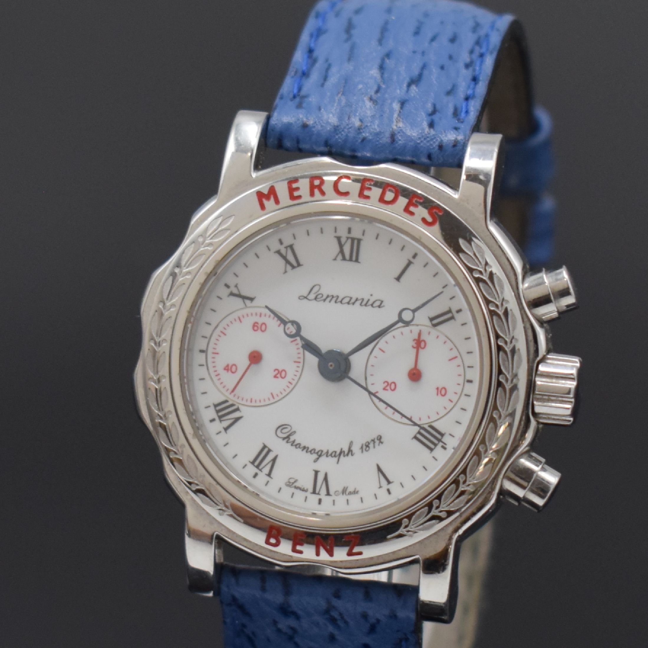 Detail a: LEMANIA Kaliber 1872 für Mercedes Benz Armbanduhr mit Chronograph in Stahl, Schweiz um 1995, Handaufzug, beids. Saphirvergl. Geh., Boden 4-fach ...