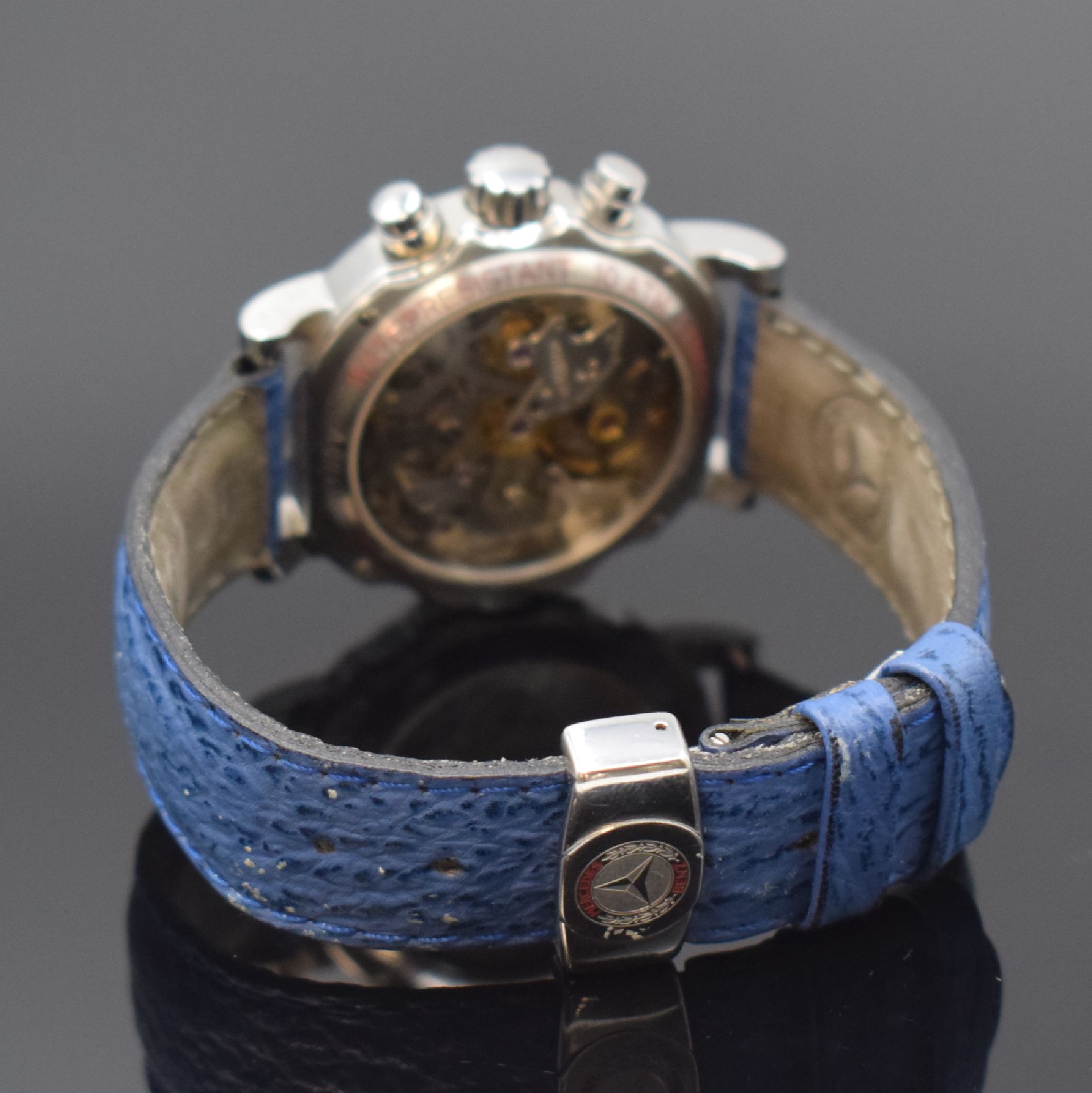 Detail b: LEMANIA Kaliber 1872 für Mercedes Benz Armbanduhr mit Chronograph in Stahl, Schweiz um 1995, Handaufzug, beids. Saphirvergl. Geh., Boden 4-fach ...