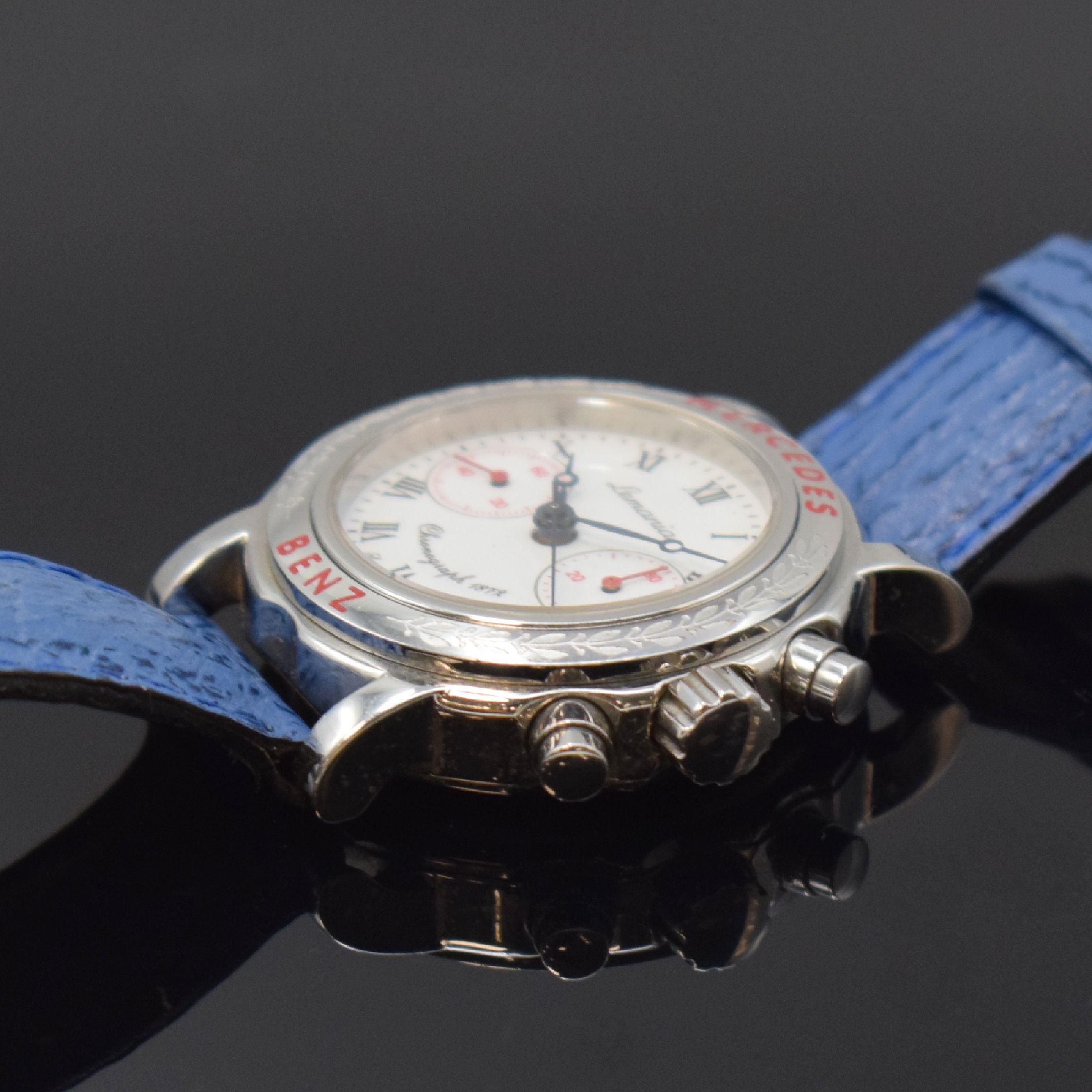 Detail c: LEMANIA Kaliber 1872 für Mercedes Benz Armbanduhr mit Chronograph in Stahl, Schweiz um 1995, Handaufzug, beids. Saphirvergl. Geh., Boden 4-fach ...