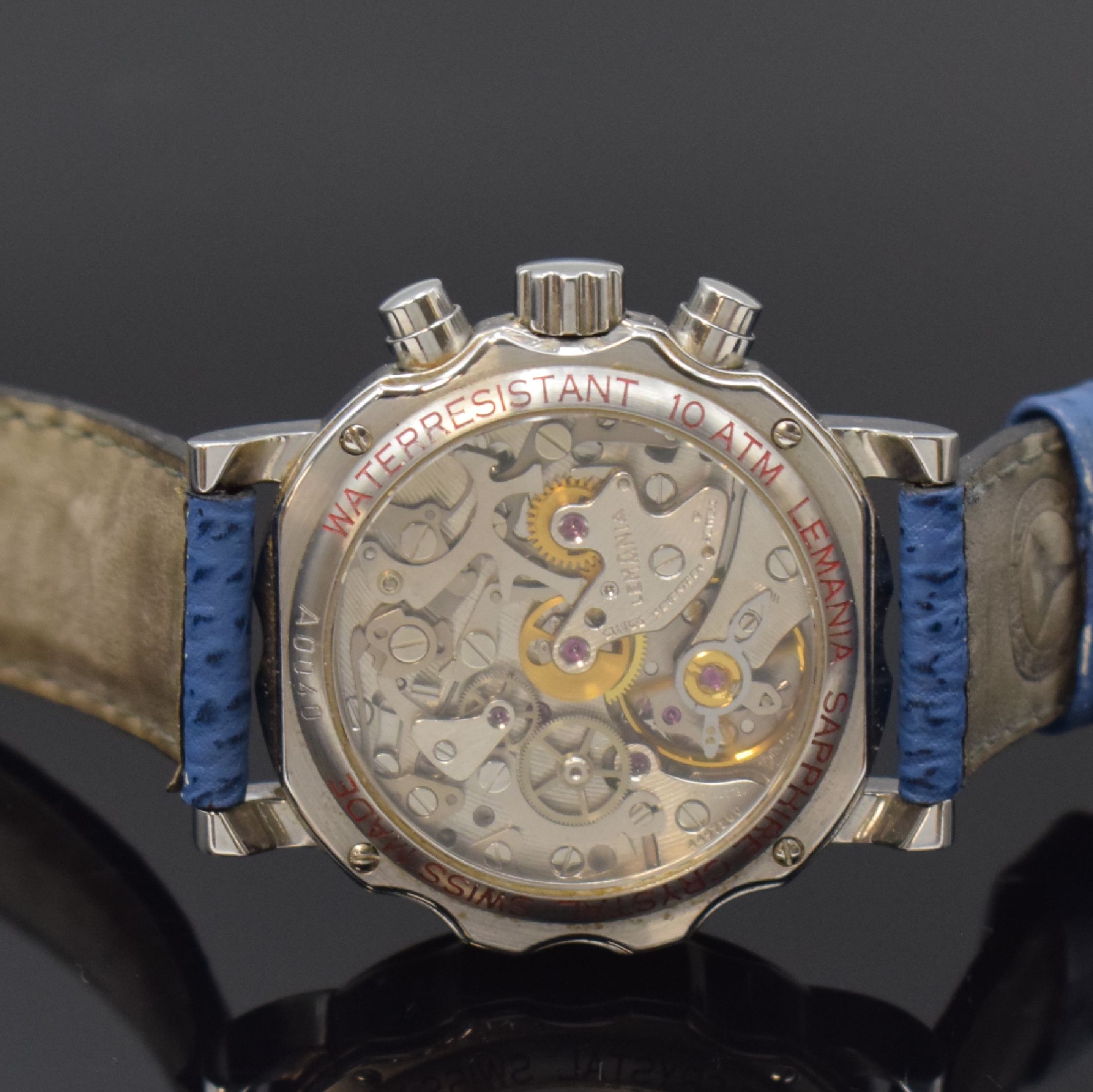 Detail d: LEMANIA Kaliber 1872 für Mercedes Benz Armbanduhr mit Chronograph in Stahl, Schweiz um 1995, Handaufzug, beids. Saphirvergl. Geh., Boden 4-fach ...