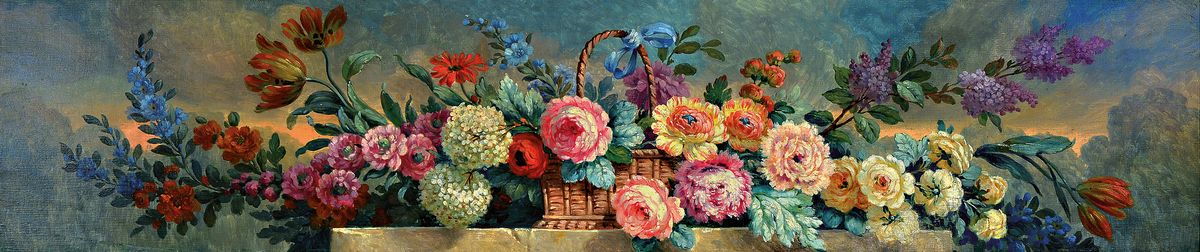 Unbekannter Künstler des ausgehenden 19. Jh. , Blumenstillleben in Friesformat, Öl/Platte, unsigniert, schmaler Rahmen mit Perlstab 159x42 cm