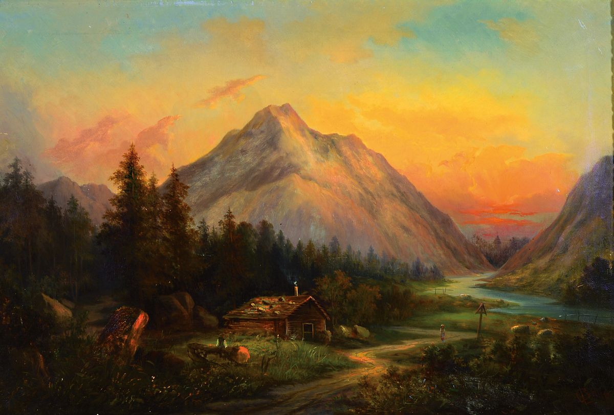L. Bauer, süddeutscher Künstler des ausgehenden 19.Jh., Berglandschaft bei Sonnenuntergang, Figurenstaffage, rechts untensigniert, Öl/Lwd, rest., ...