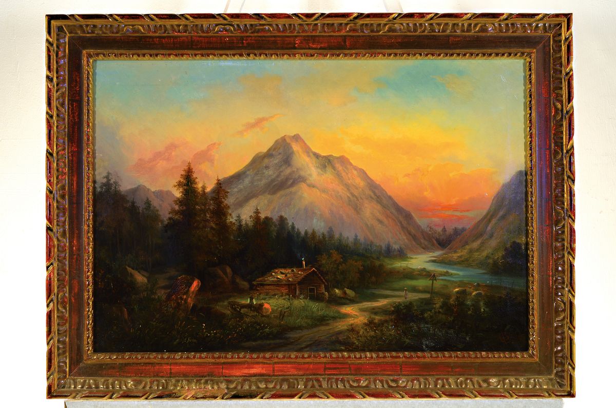 Detail k: L. Bauer, süddeutscher Künstler des ausgehenden 19.Jh., Berglandschaft bei Sonnenuntergang, Figurenstaffage, rechts untensigniert, Öl/Lwd, rest., ...