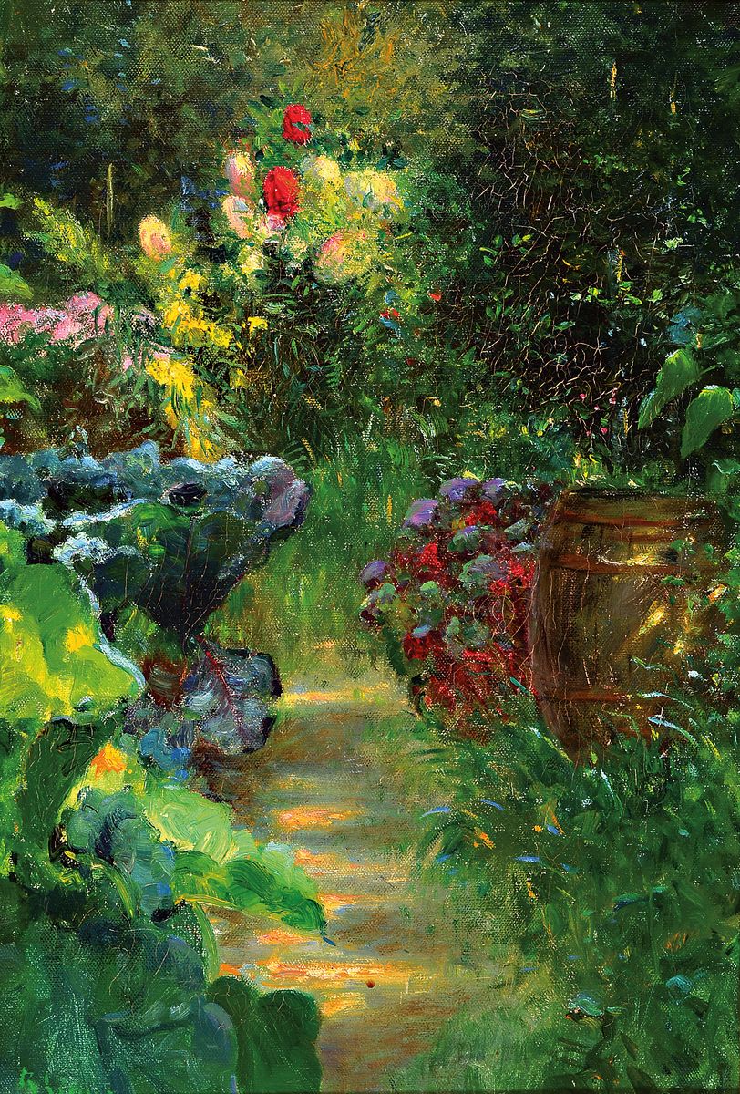 Unbekannter Künstler, Anfang 20.Jh., Gartenlandschaft, unsigniert, Öl/Lwd, 48x33 cm, Rahmen 61x47 cm