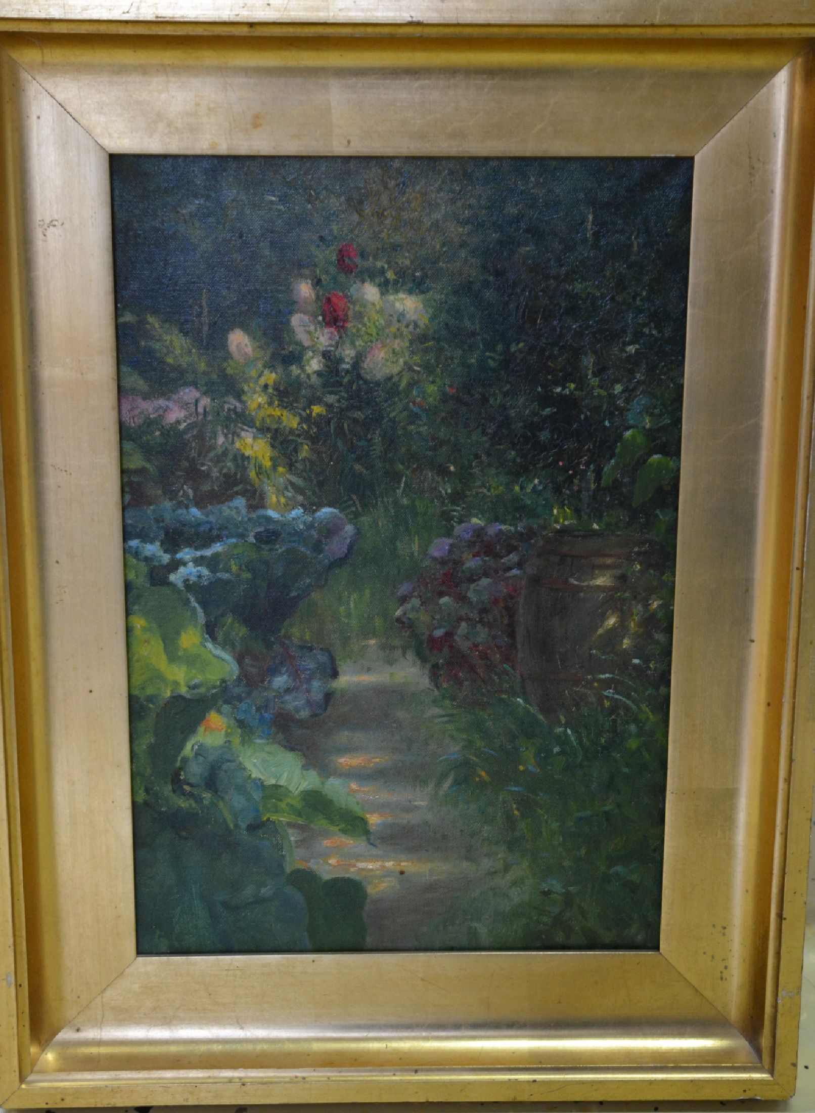 Detail b: Unbekannter Künstler, Anfang 20.Jh., Gartenlandschaft, unsigniert, Öl/Lwd, 48x33 cm, Rahmen 61x47 cm