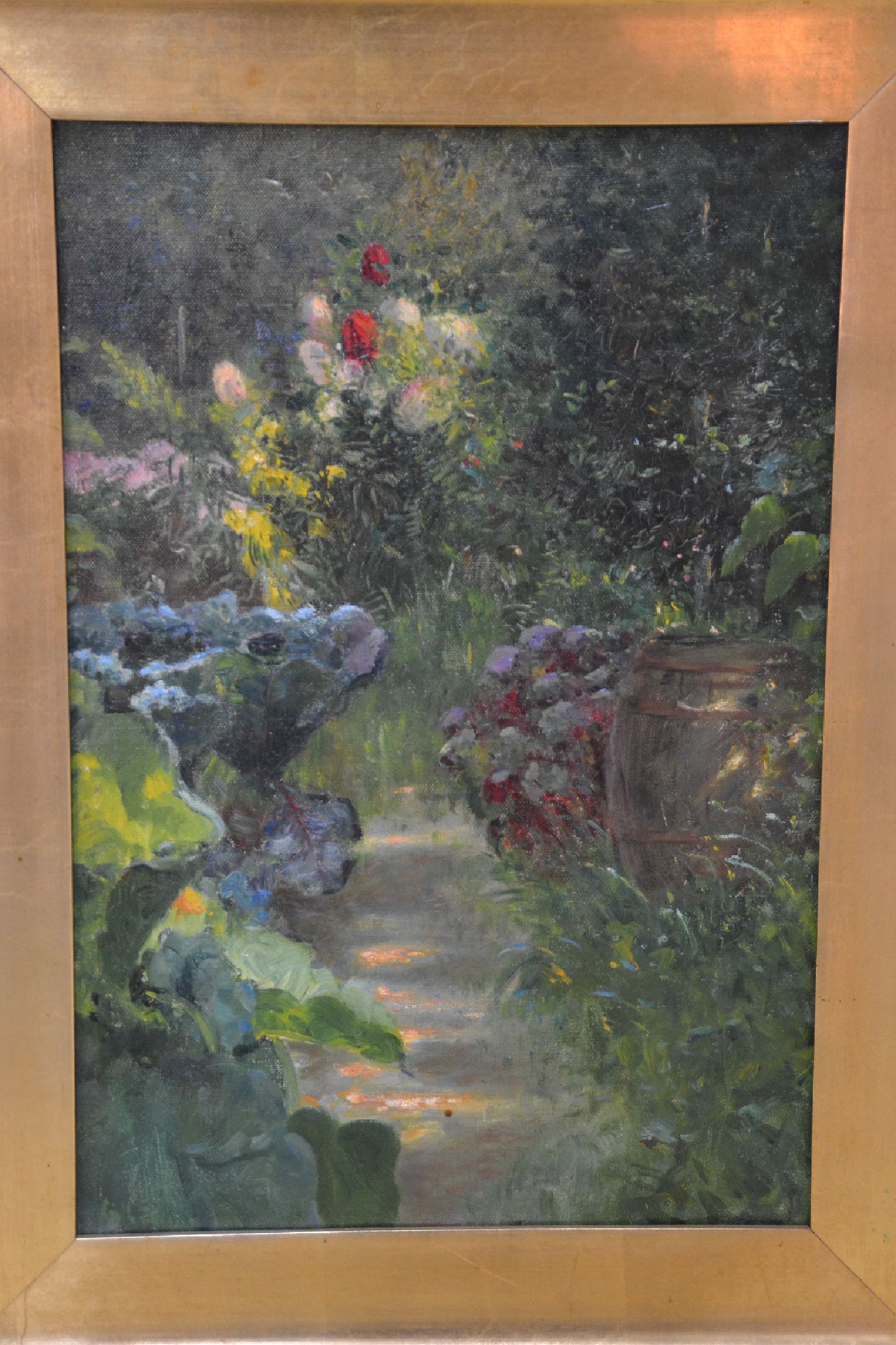 Detail c: Unbekannter Künstler, Anfang 20.Jh., Gartenlandschaft, unsigniert, Öl/Lwd, 48x33 cm, Rahmen 61x47 cm