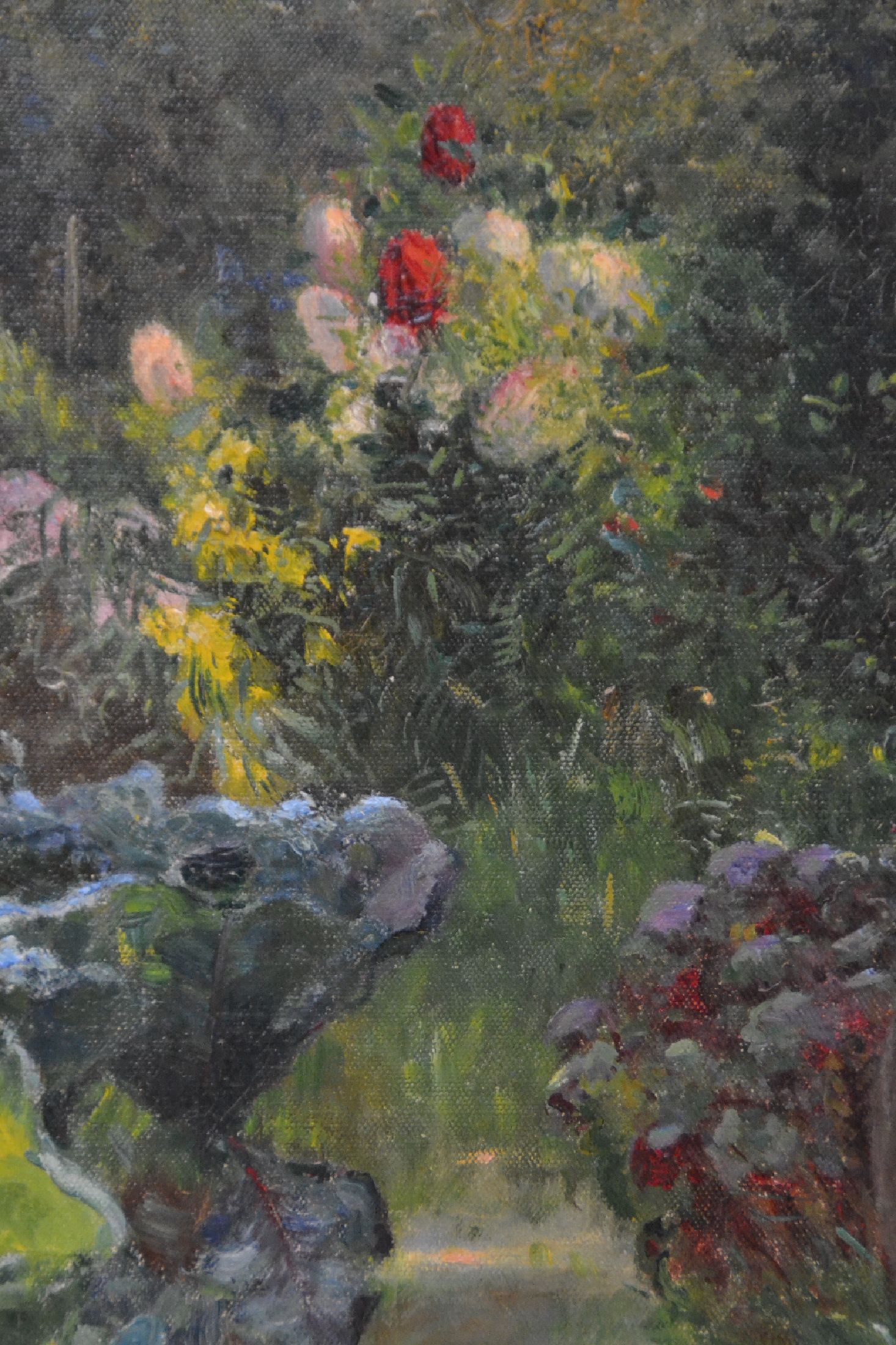Detail d: Unbekannter Künstler, Anfang 20.Jh., Gartenlandschaft, unsigniert, Öl/Lwd, 48x33 cm, Rahmen 61x47 cm