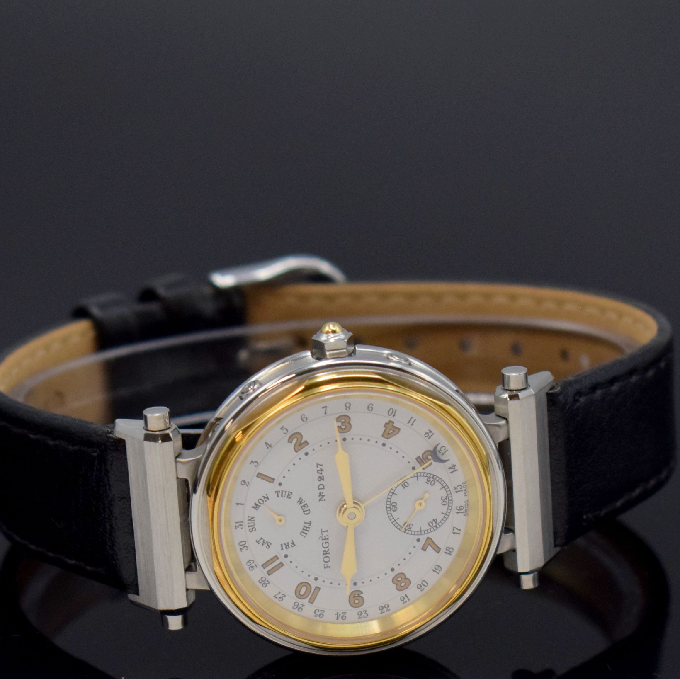 Detail c: FORGET Classic D Chronometer ungetragene Herrenarmbanduhr Nr. D 247 mit Tag und Datum, Schweiz um 1991, Automatik, aufw., beids. vergl. Gehäuse in ...