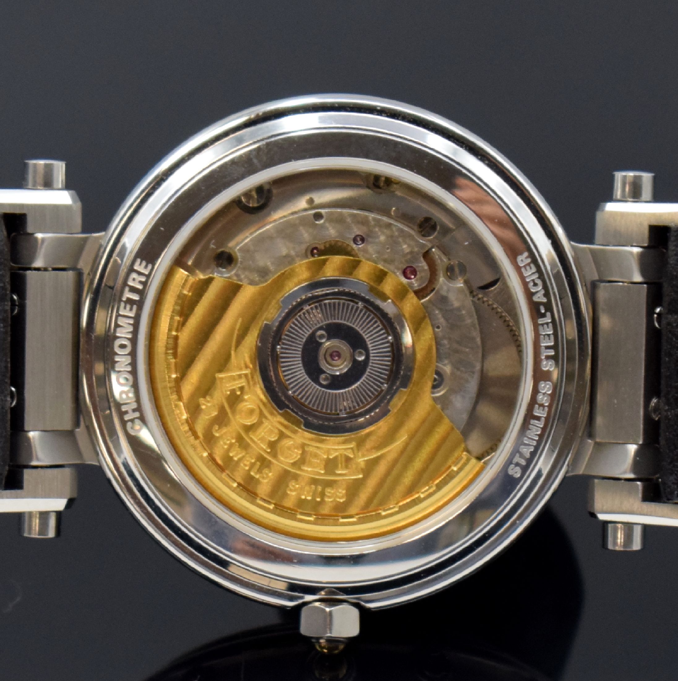 Detail j: FORGET Classic D Chronometer ungetragene Herrenarmbanduhr Nr. D 247 mit Tag und Datum, Schweiz um 1991, Automatik, aufw., beids. vergl. Gehäuse in ...