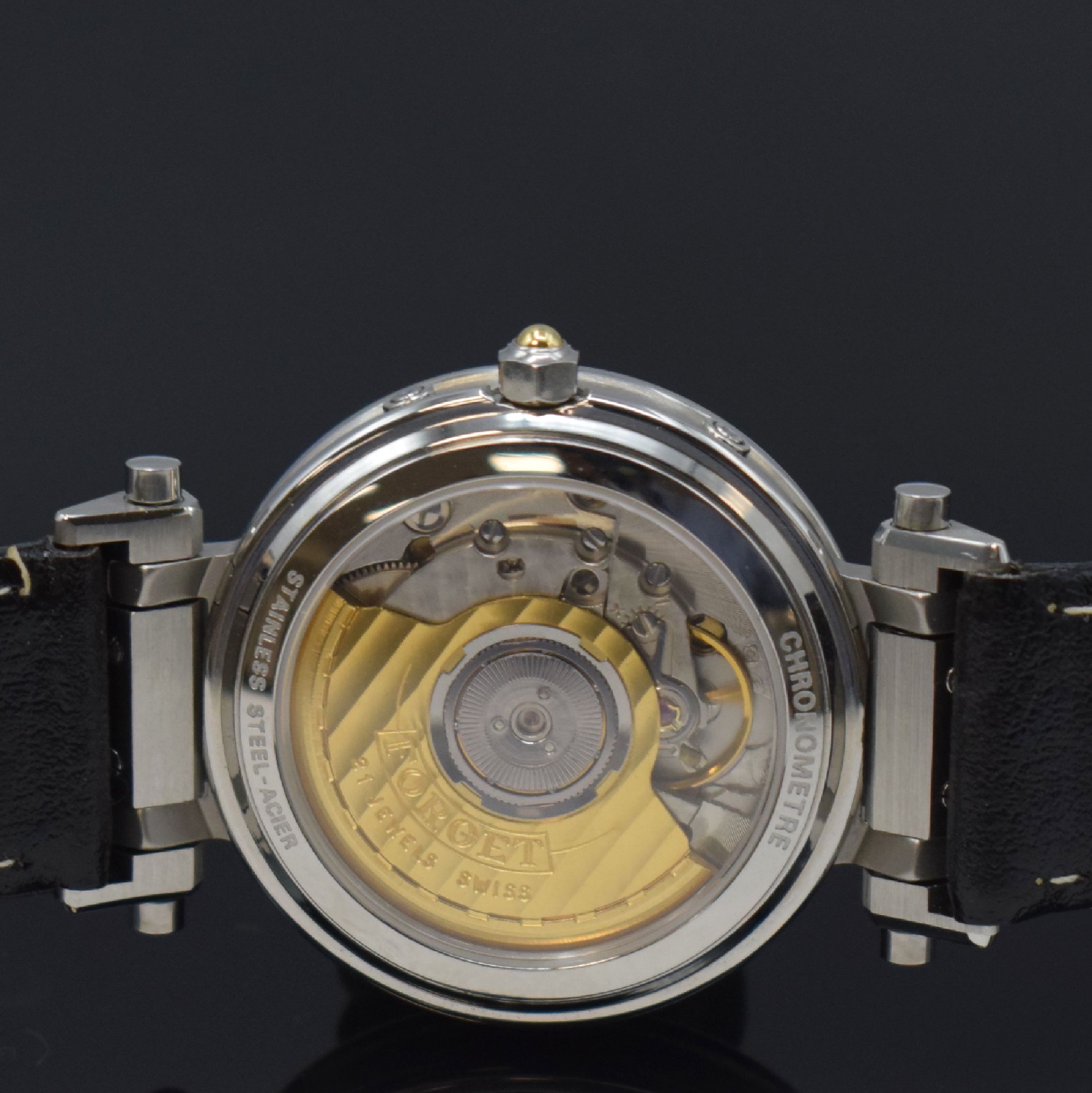 Detail k: FORGET Classic D Chronometer ungetragene Herrenarmbanduhr Nr. D 247 mit Tag und Datum, Schweiz um 1991, Automatik, aufw., beids. vergl. Gehäuse in ...