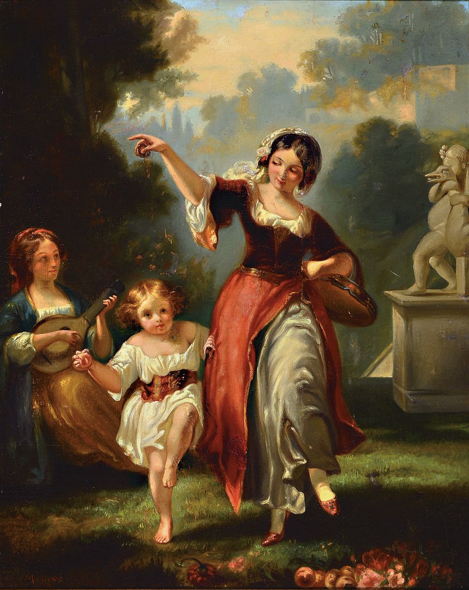 J. Manfredi, ital. Künstler des 19.Jh., tanzende junge Frau mit Mädchen begleitet von Lautenspielerin, links unten signiert, restauriert und ...