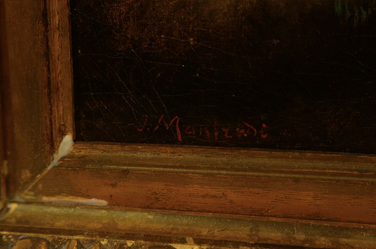 Detail a: J. Manfredi, ital. Künstler des 19.Jh., tanzende junge Frau mit Mädchen begleitet von Lautenspielerin, links unten signiert, restauriert und ...