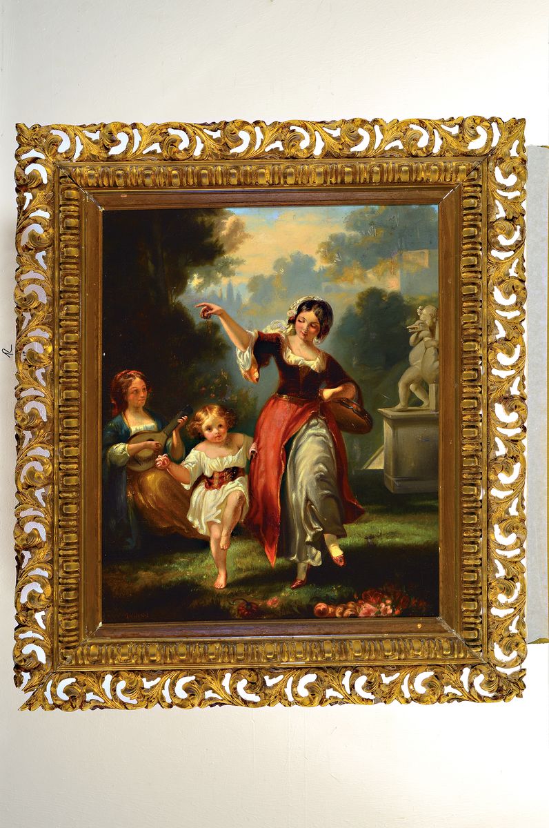 Detail k: J. Manfredi, ital. Künstler des 19.Jh., tanzende junge Frau mit Mädchen begleitet von Lautenspielerin, links unten signiert, restauriert und ...