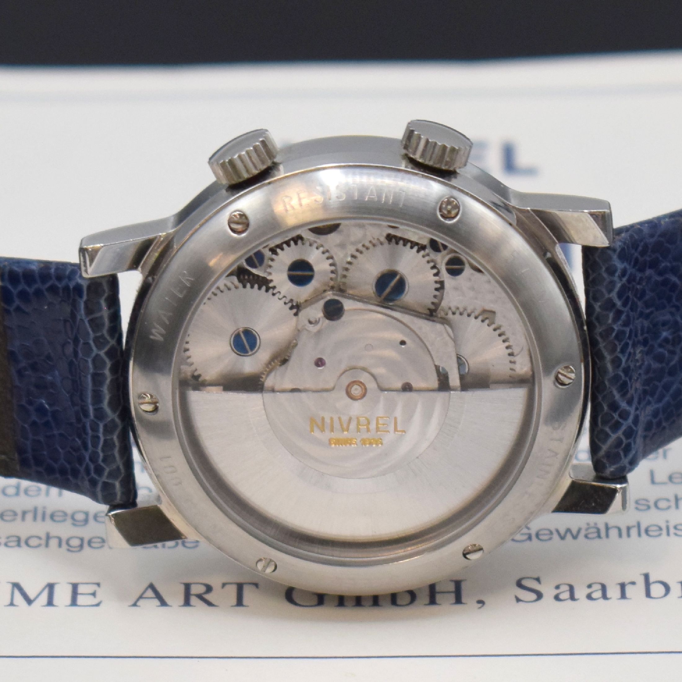Detail c: NIVREL Herrenarmbanduhr mit Wecker, Automatik, Schweiz verk. lt. beil. Pap. 03/1999, Edelstahlgehäuse inkl. orig. Lederband mit orig. Dornschließe, ...