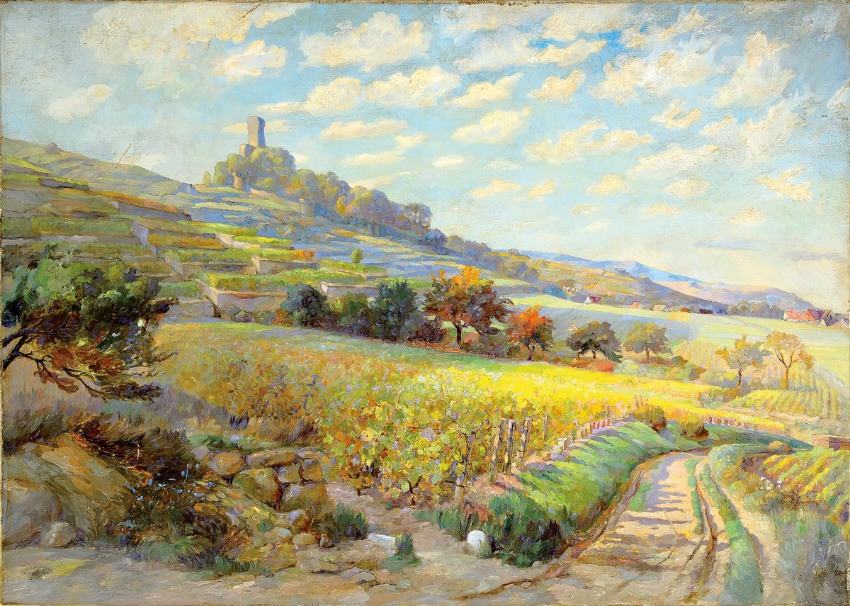 Unbekannter pfälzer Künstler des 20.Jh., Pfälzer Herbstlandschaft, unsigniert, Öl/Lwd, Blick auf den Trifels, ungerahmt, 72x100 cm