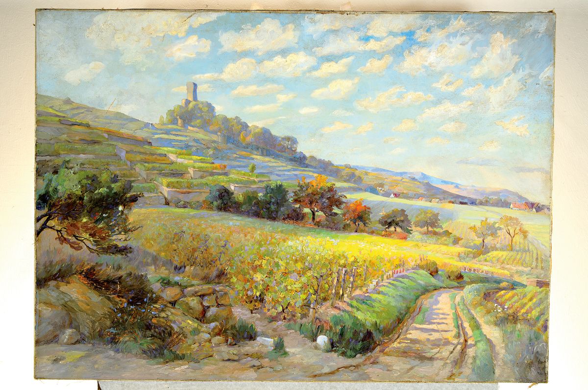 Detail k: Unbekannter pfälzer Künstler des 20.Jh., Pfälzer Herbstlandschaft, unsigniert, Öl/Lwd, Blick auf den Trifels, ungerahmt, 72x100 cm