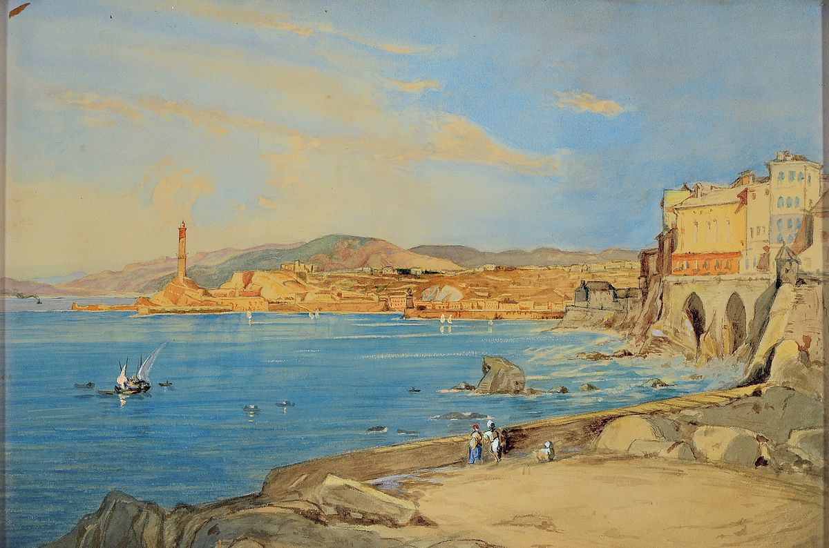 Aquarell nach dem Vorbild Eduard Hildebrandt (1818-1868), Aquarell auf Papier, südliche Küstenlandschaft, rechts unten datiert "Januar ...