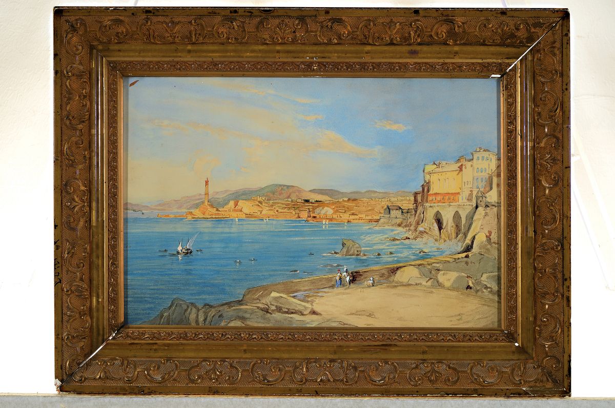 Detail k: Aquarell nach dem Vorbild Eduard Hildebrandt (1818-1868), Aquarell auf Papier, südliche Küstenlandschaft, rechts unten datiert "Januar ...