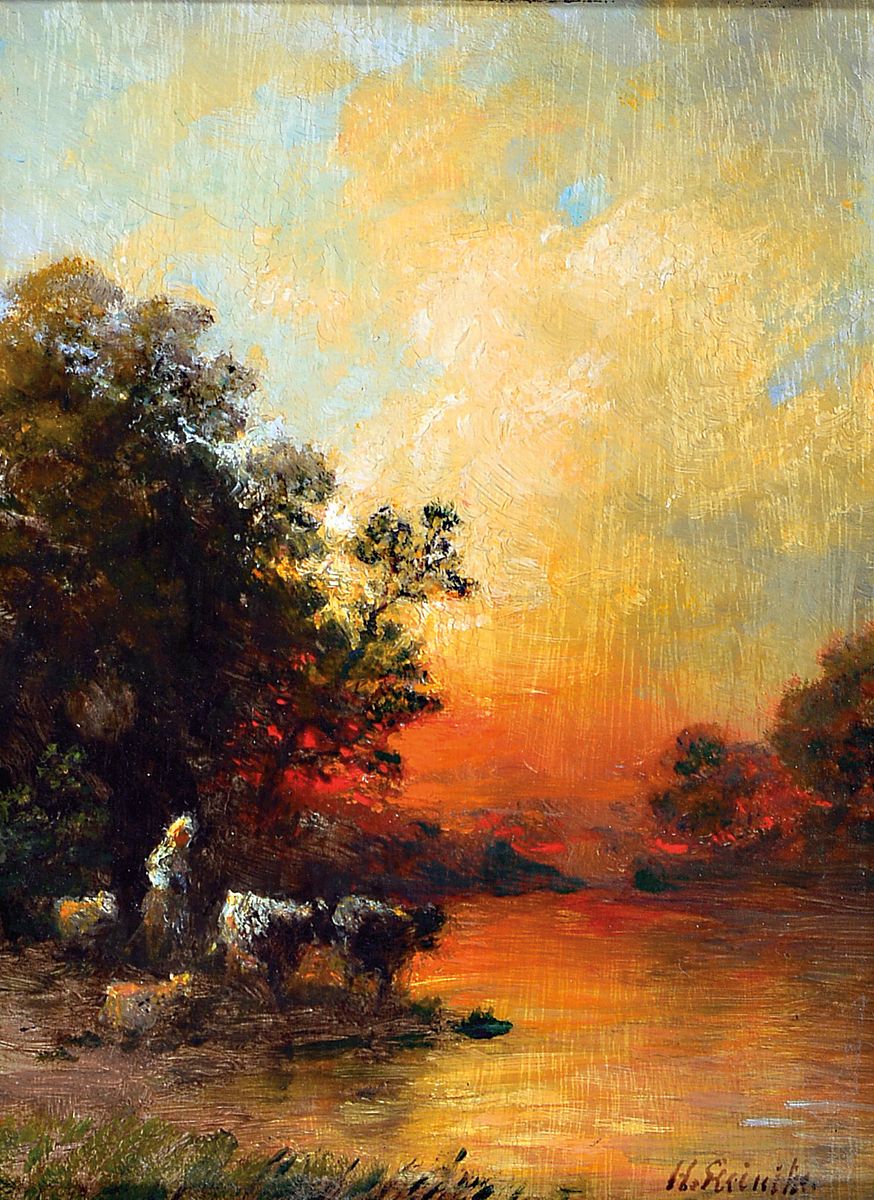 H. Reinike, Künstler um 1900, Flußlandschaft im Abendrot mit Hirtin und Tieren, Öl/Mahagoni, re. u. unleserlich signiert, ca. 16.5 x 11.5 cm, ...