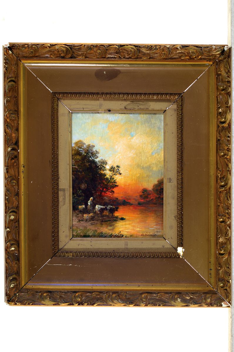Detail k: H. Reinike, Künstler um 1900, Flußlandschaft im Abendrot mit Hirtin und Tieren, Öl/Mahagoni, re. u. unleserlich signiert, ca. 16.5 x 11.5 cm, ...