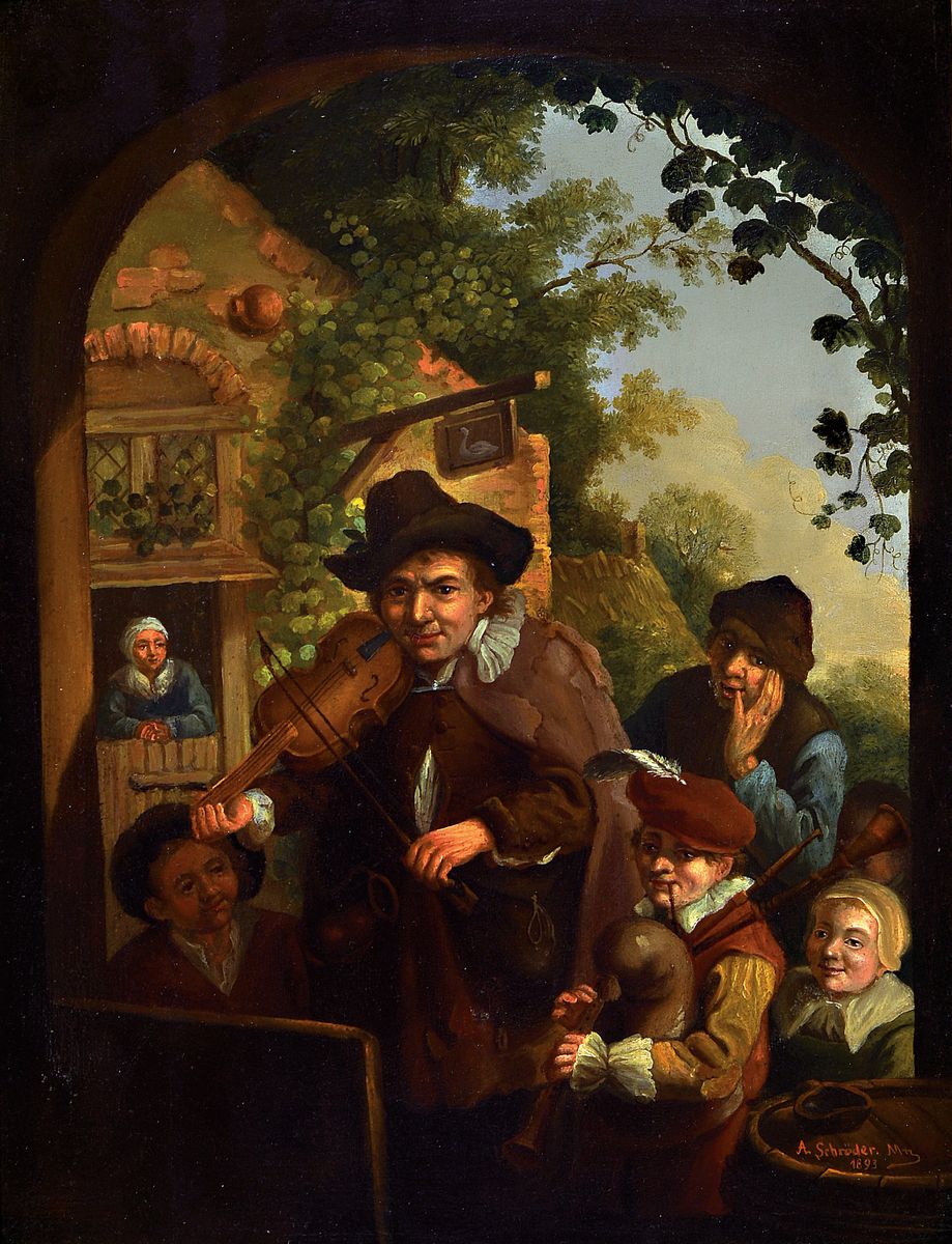 Albert Friedrich Schröder, 1854 - 1939, Musikanten mit Violine und Dudelsack, Öl/Holz, re. u. signiert A. Schröder 1893, ältere Restaurierung, ...