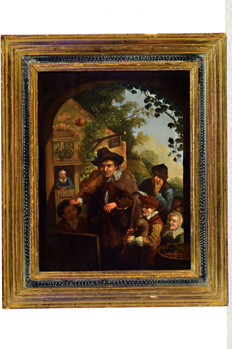 Detail k: Albert Friedrich Schröder, 1854 - 1939, Musikanten mit Violine und Dudelsack, Öl/Holz, re. u. signiert A. Schröder 1893, ältere Restaurierung, ...