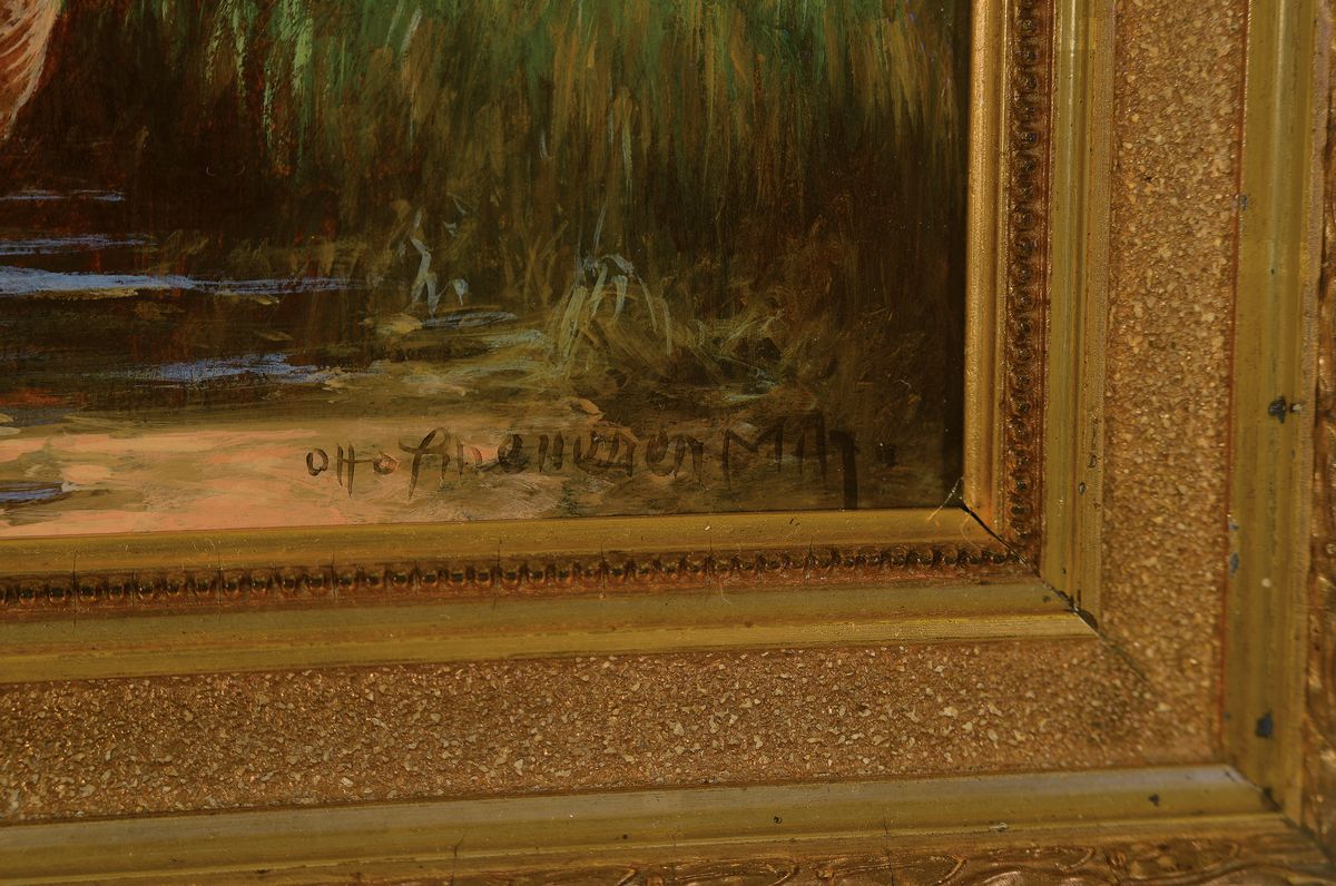Detail a: Otto Scheuerer, Münchener Maler, 1862 - 1934, zwei Ölgemälde, a. Pfauen mit Hühnern, Öl/Karton, li. unten signiert, ca. 20 x 25 cm, Rahmen ca. ...