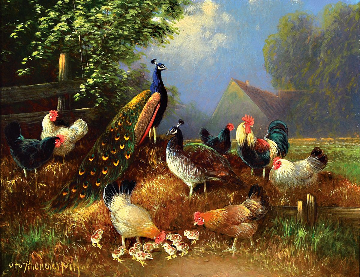 Detail b: Otto Scheuerer, Münchener Maler, 1862 - 1934, zwei Ölgemälde, a. Pfauen mit Hühnern, Öl/Karton, li. unten signiert, ca. 20 x 25 cm, Rahmen ca. ...