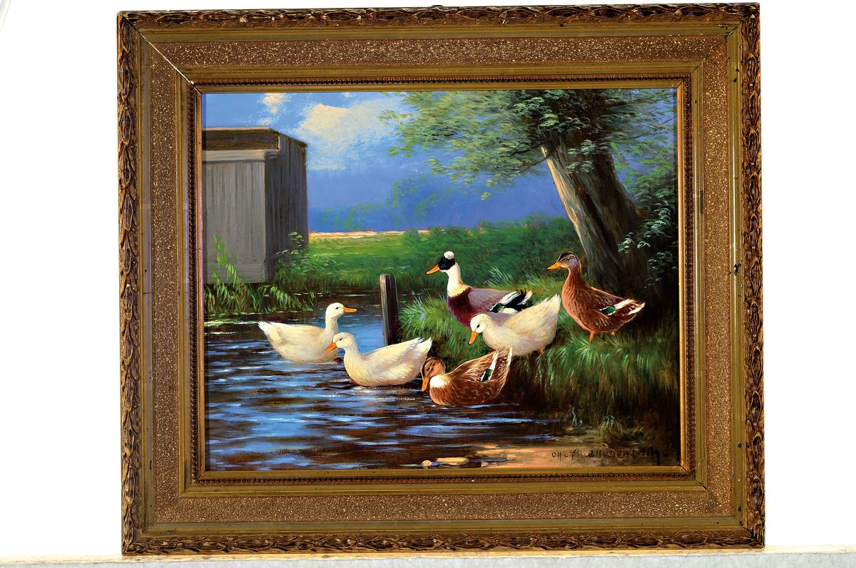 Detail k: Otto Scheuerer, Münchener Maler, 1862 - 1934, zwei Ölgemälde, a. Pfauen mit Hühnern, Öl/Karton, li. unten signiert, ca. 20 x 25 cm, Rahmen ca. ...