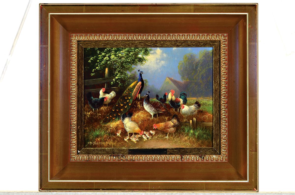 Detail m: Otto Scheuerer, Münchener Maler, 1862 - 1934, zwei Ölgemälde, a. Pfauen mit Hühnern, Öl/Karton, li. unten signiert, ca. 20 x 25 cm, Rahmen ca. ...