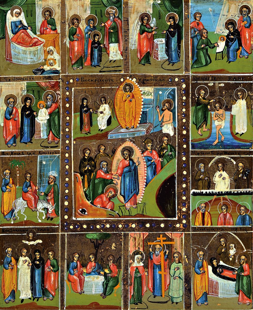 Zwei Ikonen, Russland, zweite Hälfte, 19. Jh.,a. Kreuzigung Christi mit der Gottesmutter und Johannes, ca. 31 x 26.5 cm, b. Festtagsikone mit 13 ...
