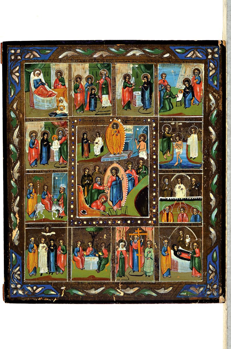 Detail k: Zwei Ikonen, Russland, zweite Hälfte, 19. Jh.,a. Kreuzigung Christi mit der Gottesmutter und Johannes, ca. 31 x 26.5 cm, b. Festtagsikone mit 13 ...