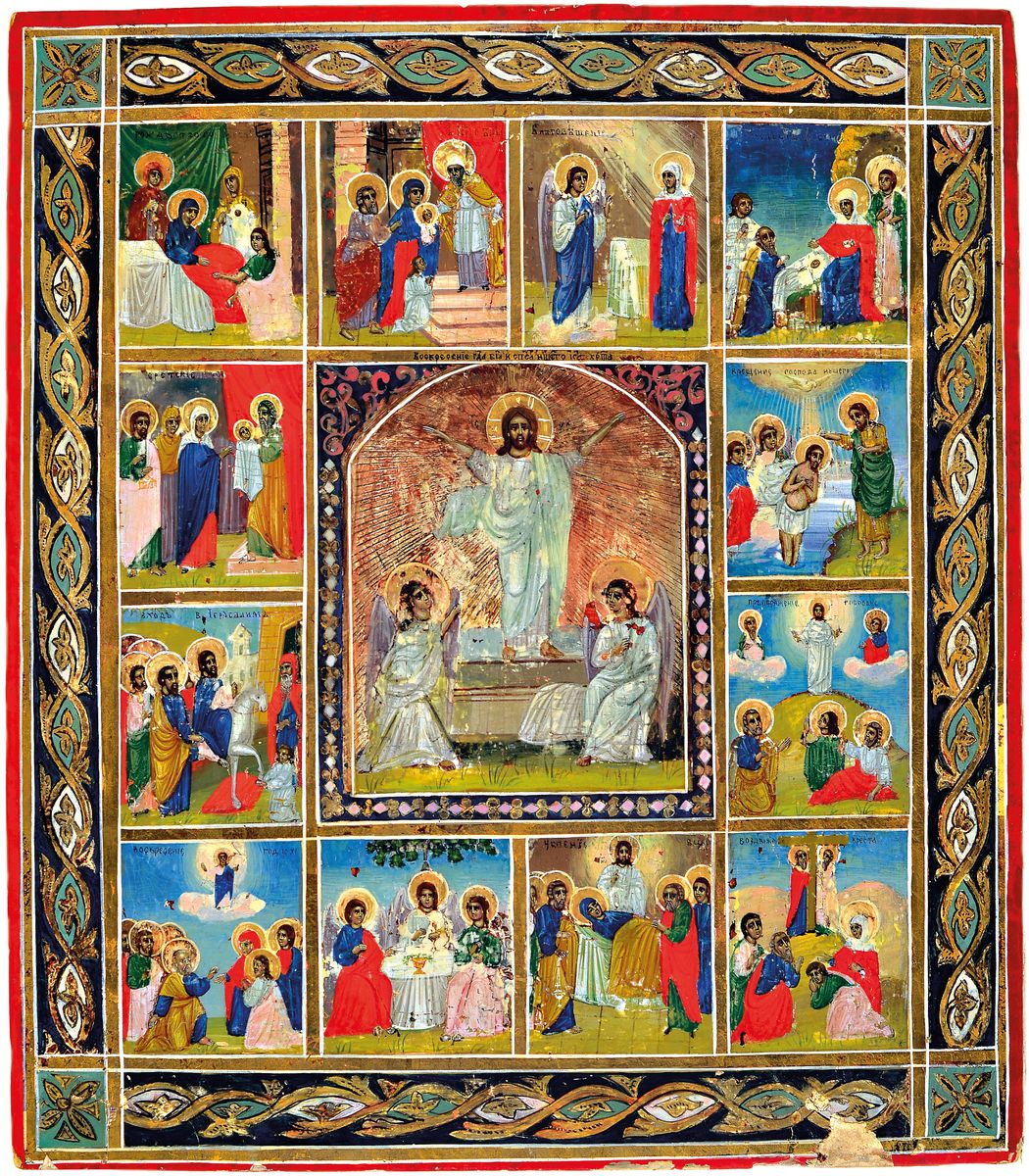 Zwei Ikonen, Russland, 19. Jh., Festagsikone ca. 35 x 30 cm, b. Heiliger mit Kind, ca. 26.5 x 22 cm, l. Altersschäden