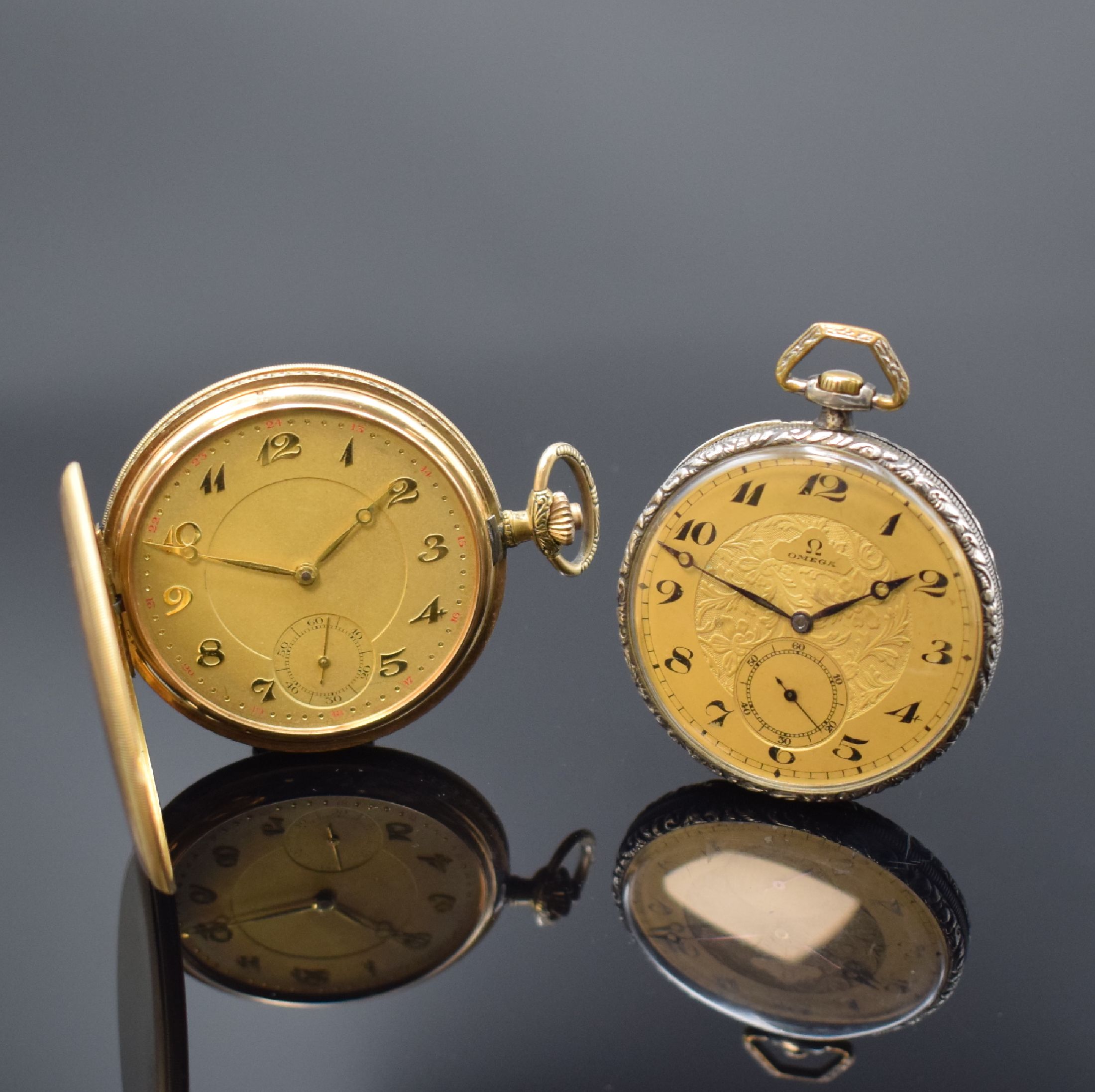 OMEGA Taschenuhr in 900er Silber und eine Savonette in GG 585/000, Schweiz um 1925, 1) Omega grav. Geh., Rückdeckel m. Monogramm, Zifferbl. mittig ...