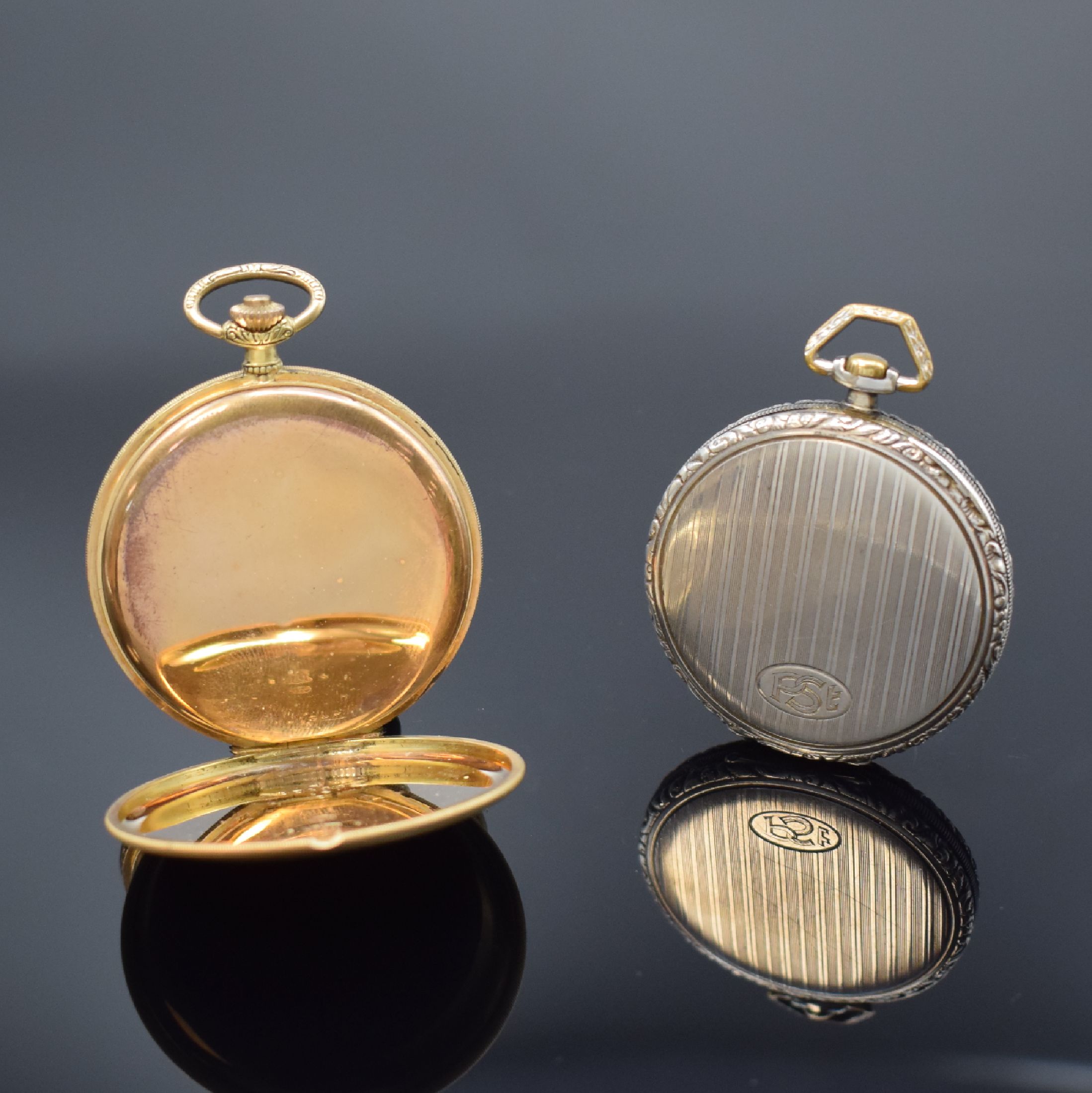 Detail d: OMEGA Taschenuhr in 900er Silber und eine Savonette in GG 585/000, Schweiz um 1925, 1) Omega grav. Geh., Rückdeckel m. Monogramm, Zifferbl. mittig ...