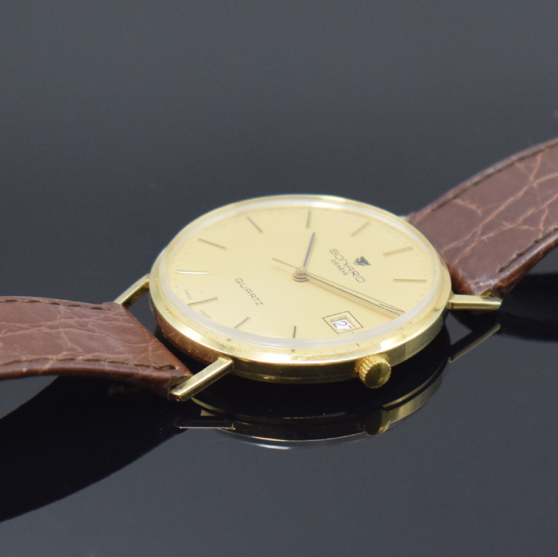 Detail b: ARCTOS Elite und BONARD 2 Armbanduhren in GG 585/000, Schweiz um 1955 u. 1990, Handaufzug u. quarz, Böden aufgedr., 1) Arctos, silb. Zifferbl. m. ...