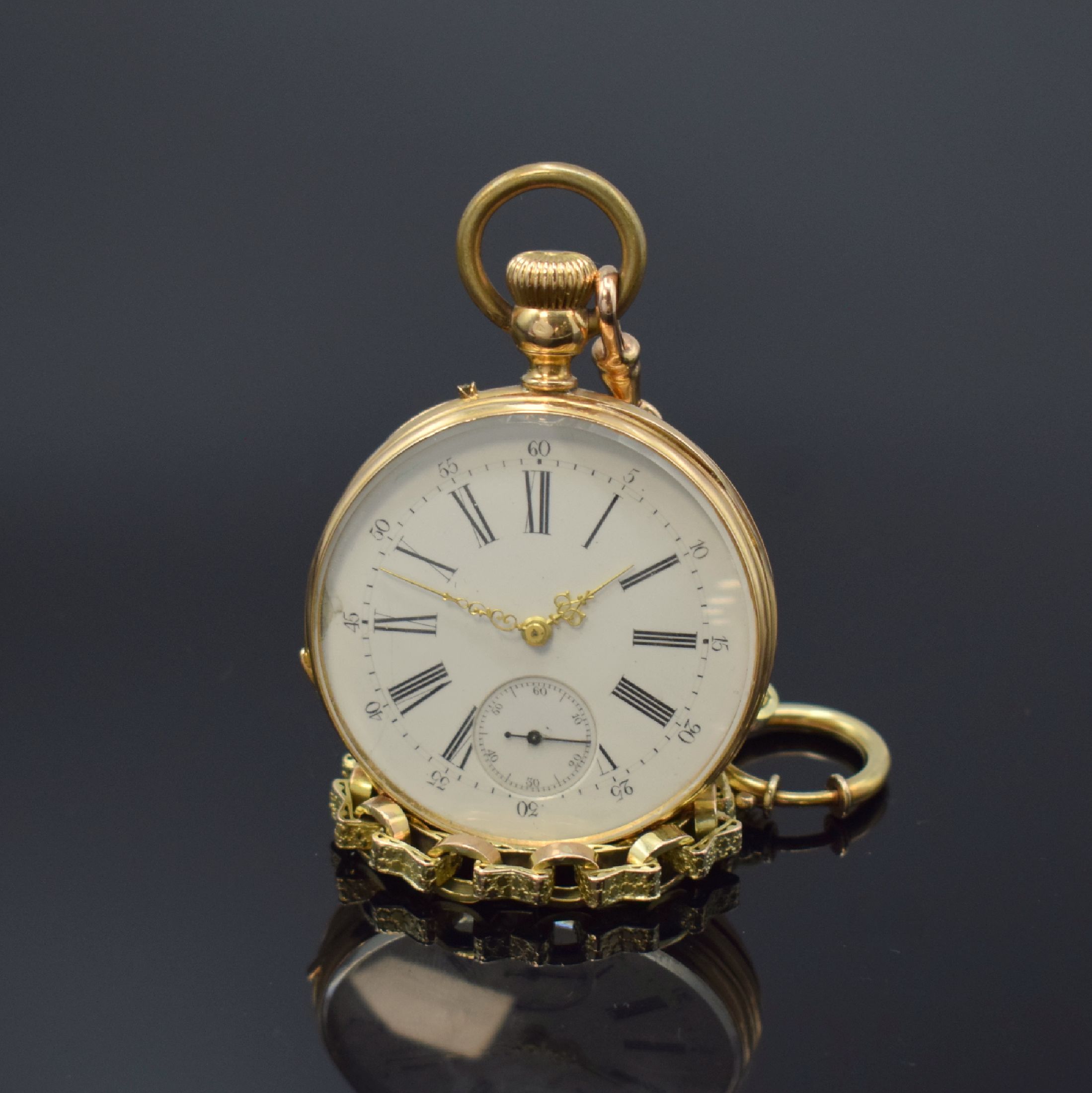 Offene Taschenuhr in GG 750/000 mit vergoldeter Kette, Schweiz um 1870, Geh. dell., Goldcuvette, guill. Rückdeckel m. Monogrammspiegel, ...