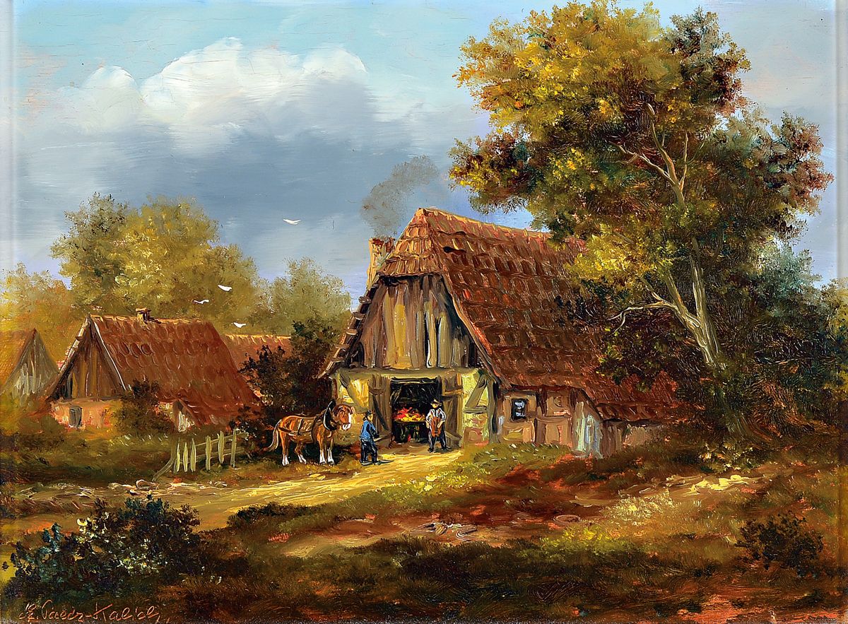 Elisabeth Paetz-Kahlich, geb. 1925 Herford, Bauer mit seinem Pferd vor der Hufschmiede, Öl/Holz, links unten signiert, ca. 18x24cm, R. ca. 29x35cm