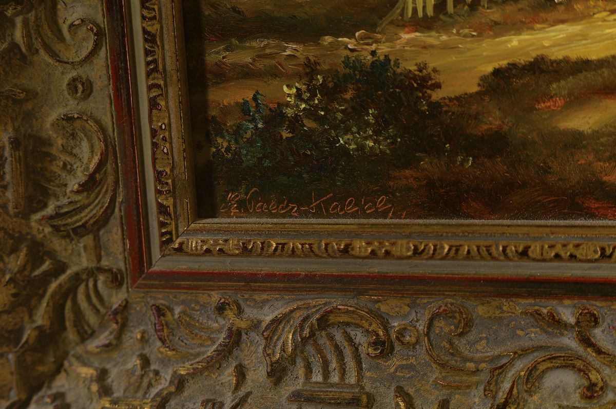 Detail a: Elisabeth Paetz-Kahlich, geb. 1925 Herford, Bauer mit seinem Pferd vor der Hufschmiede, Öl/Holz, links unten signiert, ca. 18x24cm, R. ca. 29x35cm