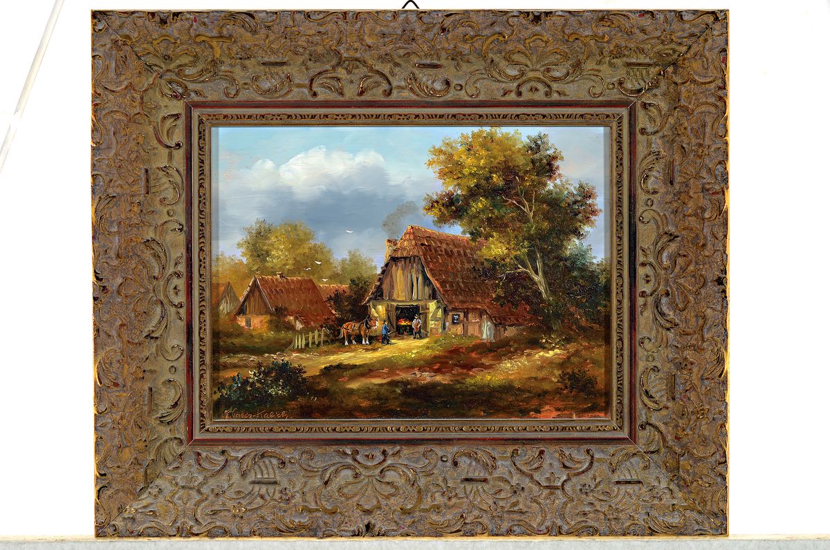 Detail k: Elisabeth Paetz-Kahlich, geb. 1925 Herford, Bauer mit seinem Pferd vor der Hufschmiede, Öl/Holz, links unten signiert, ca. 18x24cm, R. ca. 29x35cm