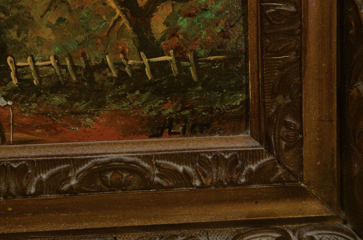 Detail a: Adolf Heinrich Lier, 1826 Herrnhut-1882 Wahren, Personen vor der Scheune, Öl/Lwd, rechts unten sign., ca. 19x28cm, R. ca. 32x 42cm
